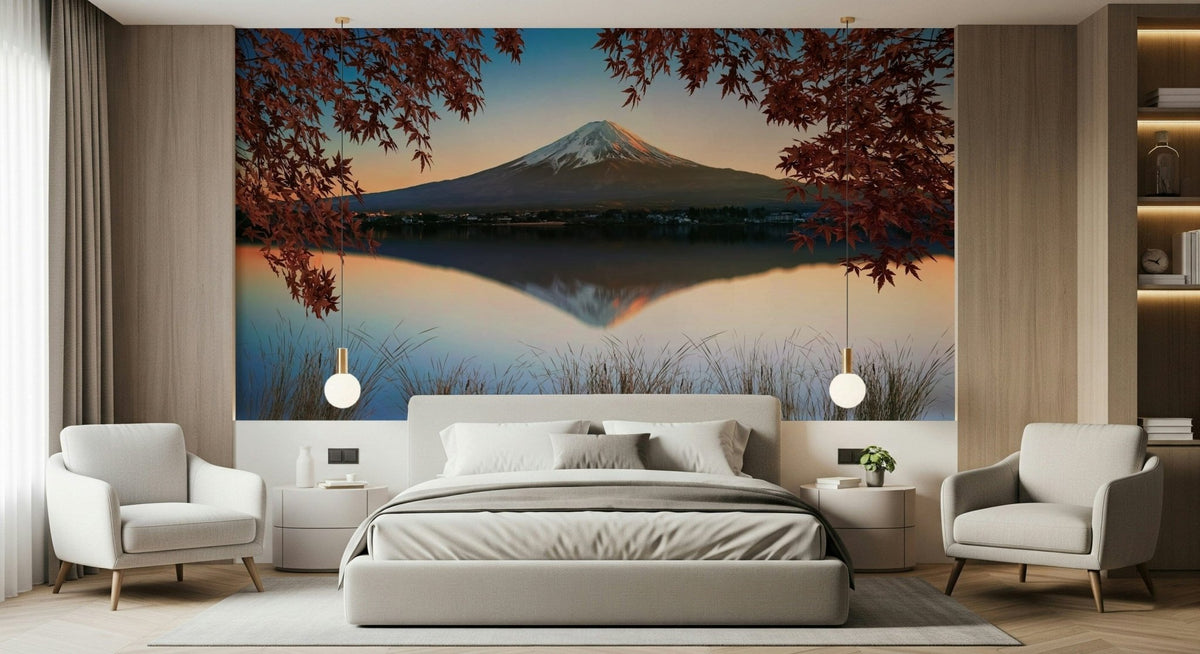 Artistic Fuji at Dawn: Autumn View wallpaper, majestic mountain scenery.