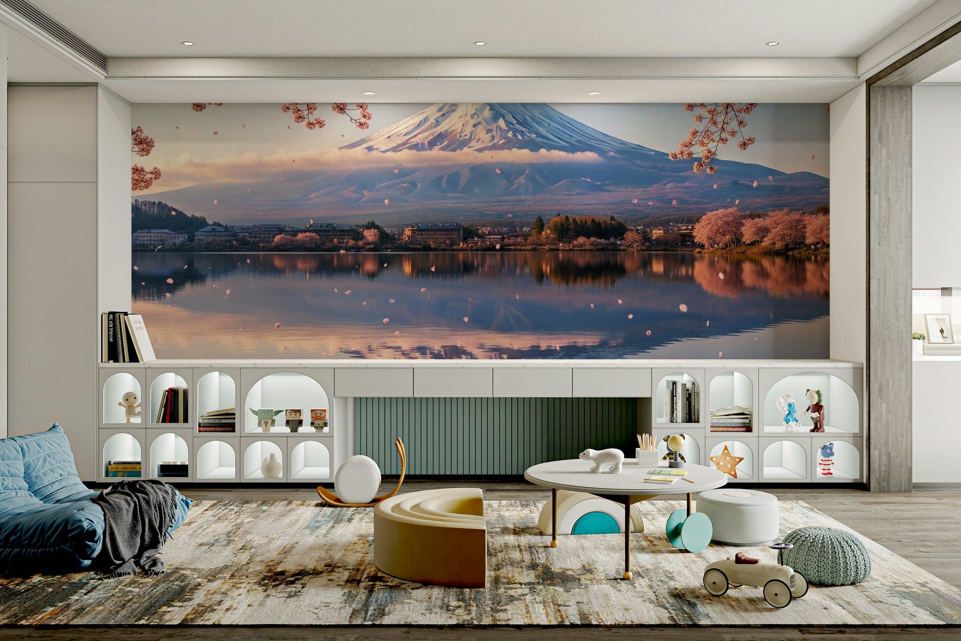 A minimalist interior with the Fuji blossom wallpaper.