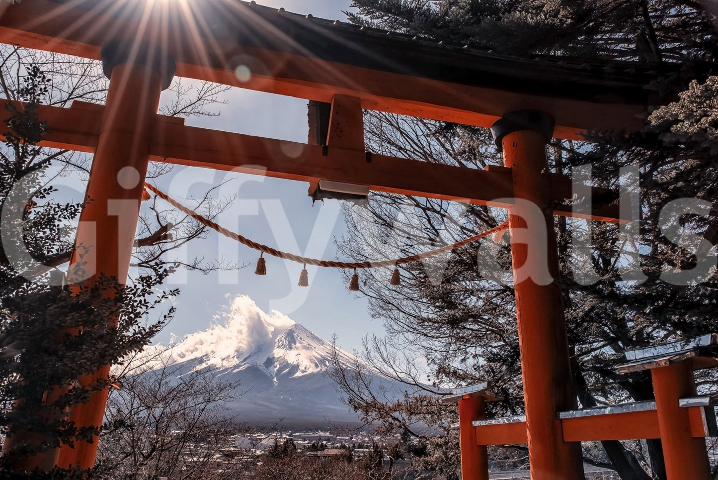 Dramatic Fuji Gate Sunbeams covering, perfect vista captured within a gate.