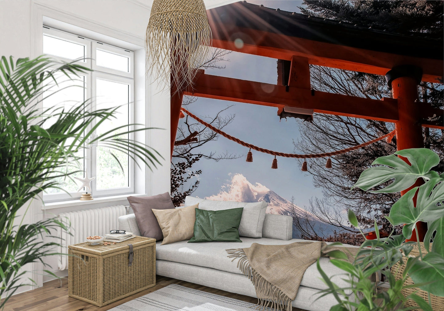 Vibrant orange Fuji Gate Sunbeams decor, torii arch, distant snow capped volcano.