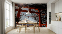 Iconic Mount Fuji framed by Fuji Gate Sunbeams artistic wallpaper, winter scene.