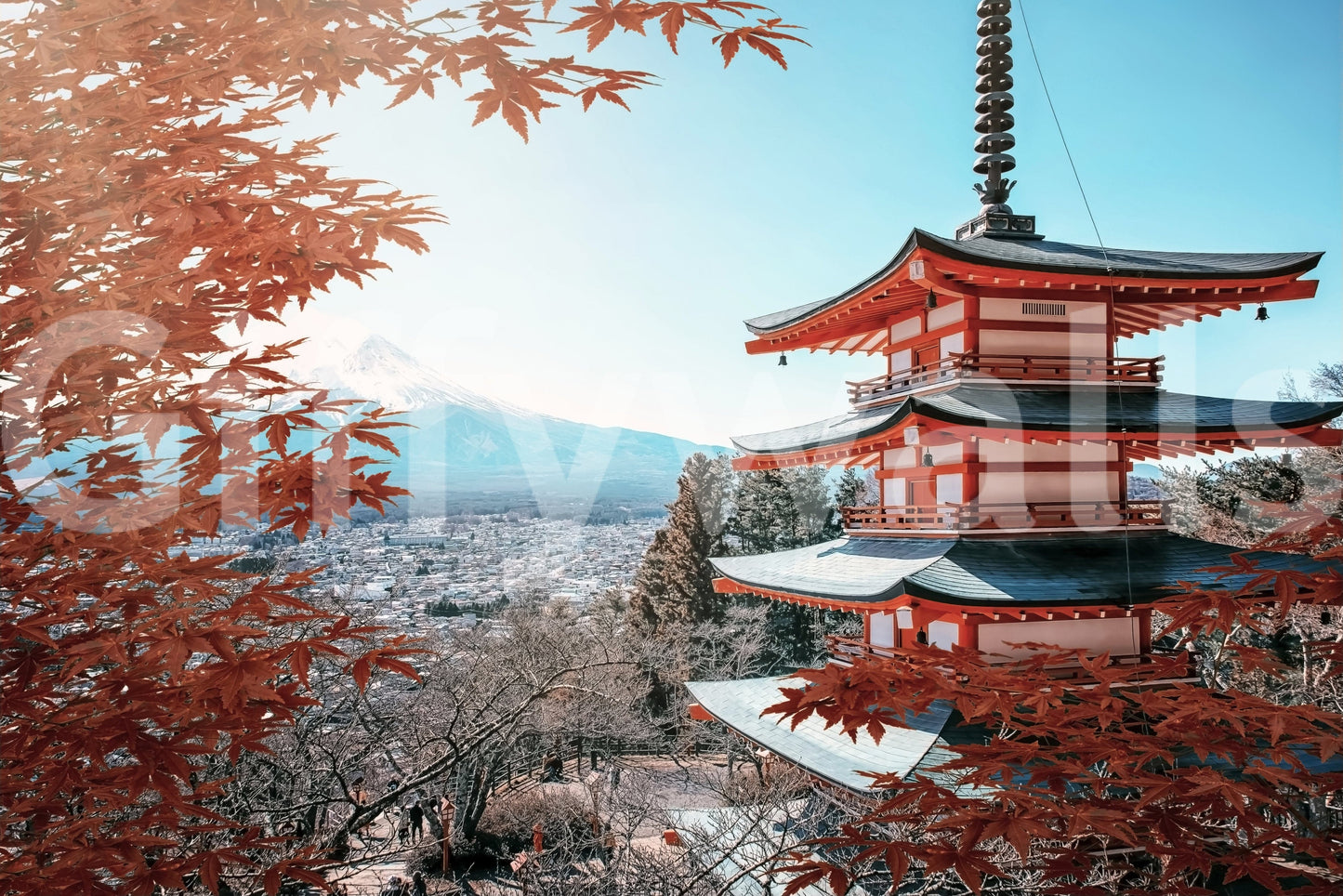 Japanese mountain autumn mural for hallway, red and orange leaves with blue sky