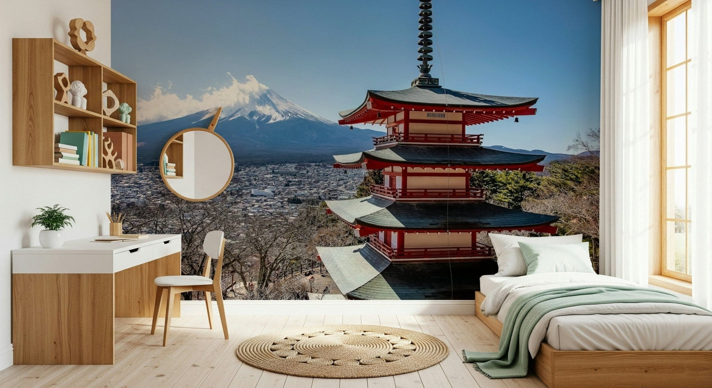 Fuji Vista wallpaper for walls featuring snow-capped Japanese peaks.