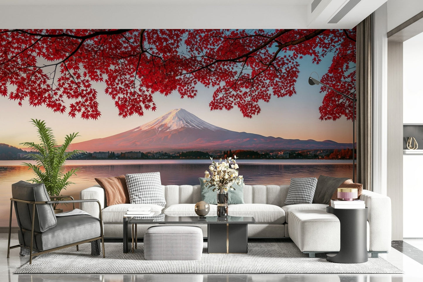 Abstract coastal horizon wallpaper in home office, clean modern backdrop