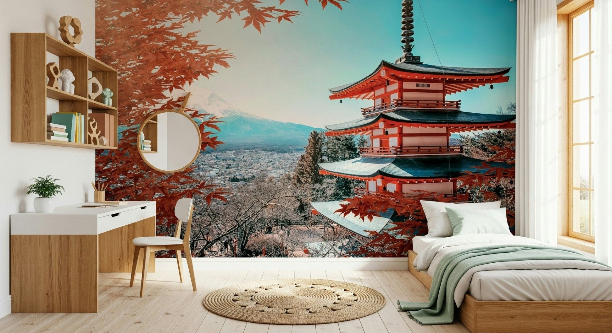 Fuji's Autumn Hues wallpaper in bedroom, warm foliage and mountain horizon scene