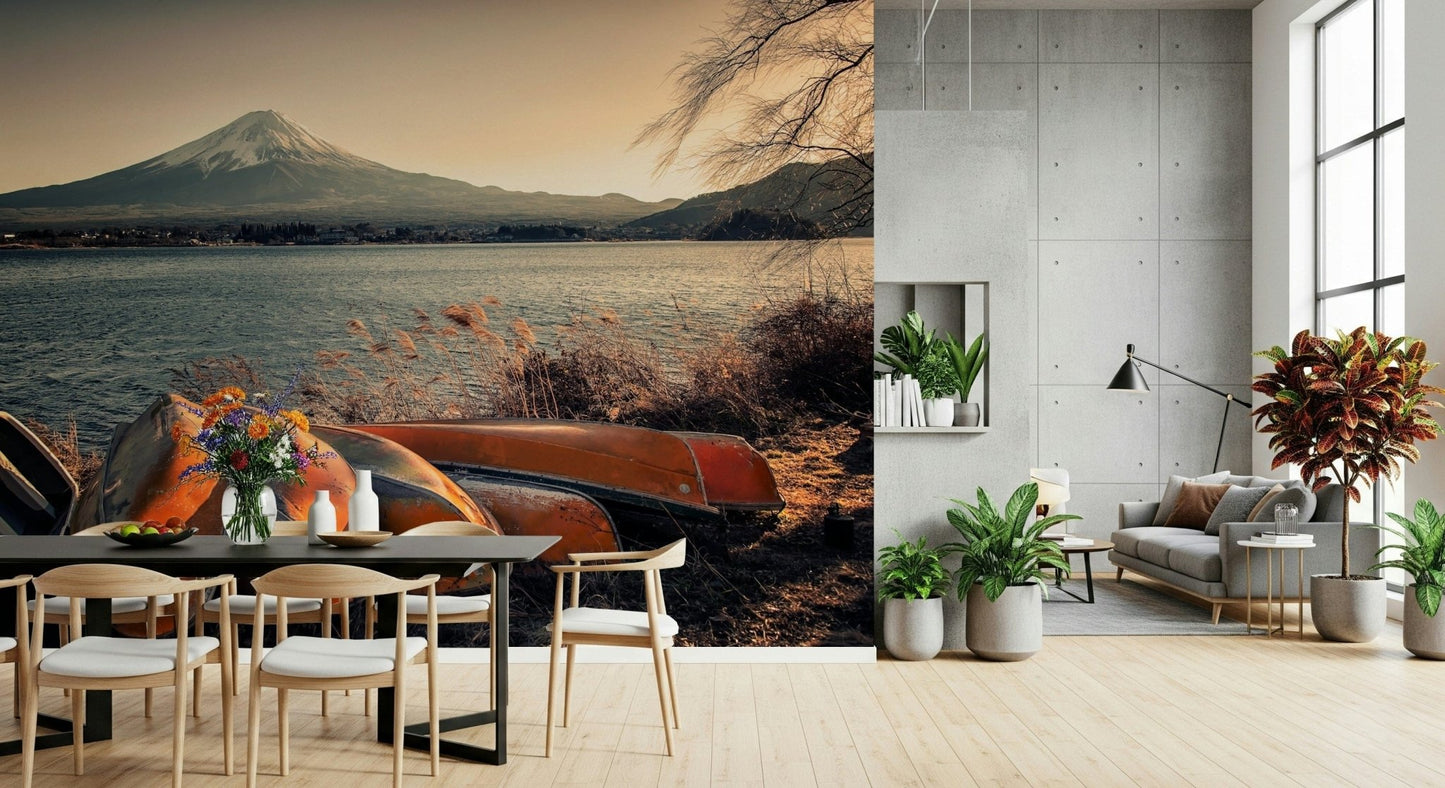 Japanese landscape mural with Mount Fuji and lake, office accent wall, modern style