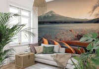 Scenic lake and mountain wall mural for hallway, clean lines, peaceful blue shades