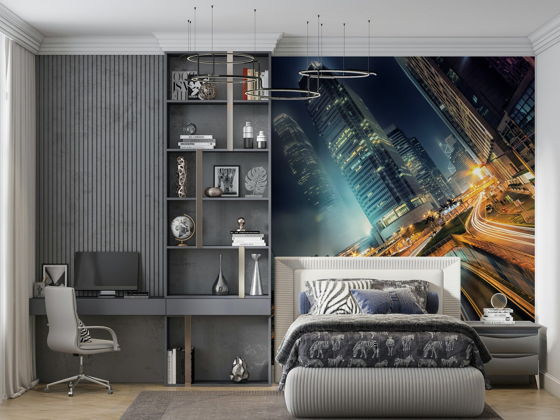 Stunning Skyline Velocity vinyl mural glowing tall structures fast roads.
