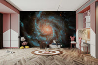 A wall mural featuring a vibrant, cosmic scene.

