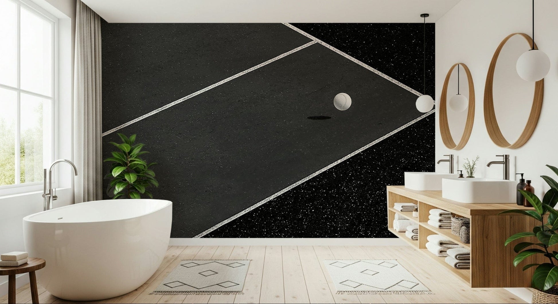 Black and white sports court wallpaper for a teenager's bedroom wall decor.