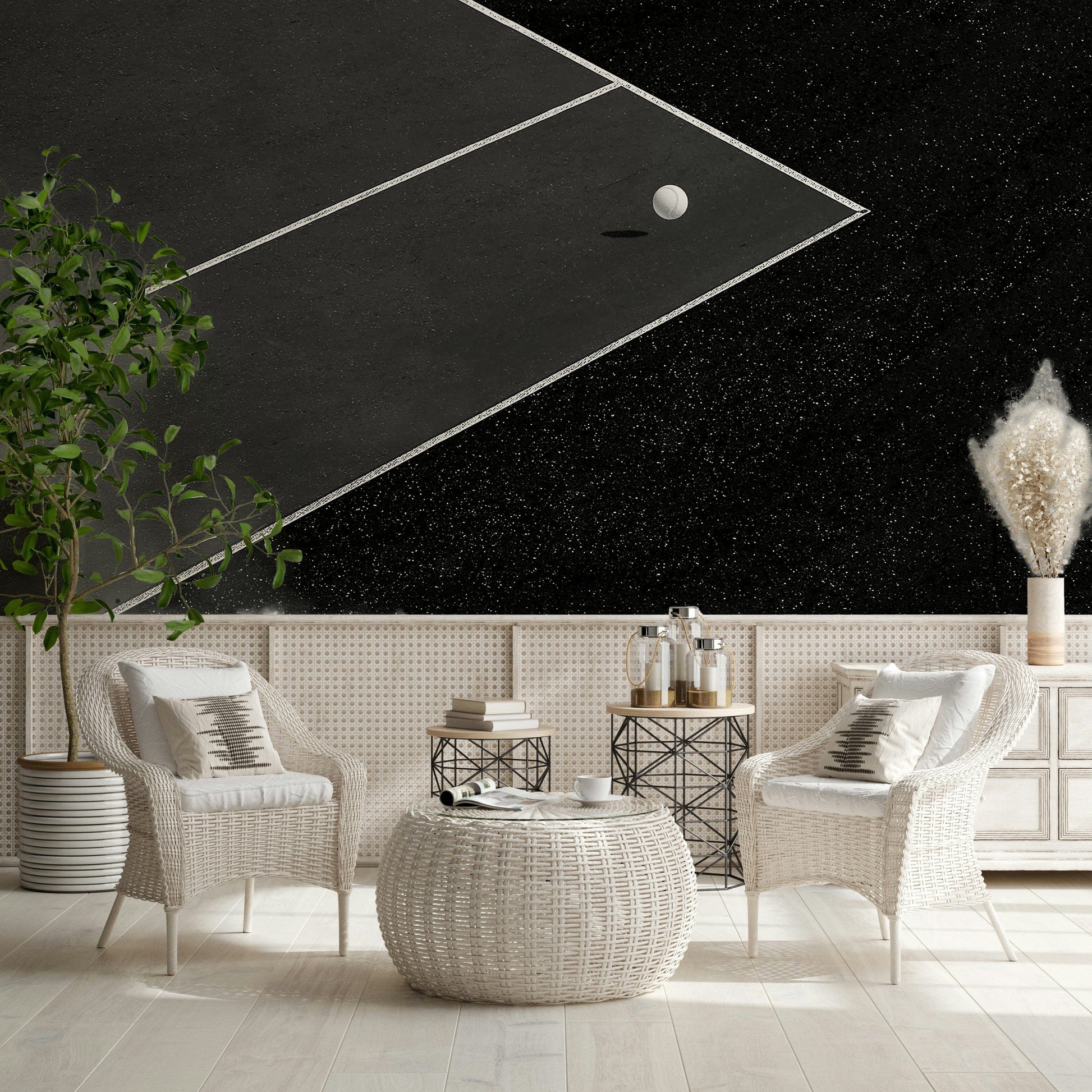 Detailed view of the crisp white lines and gray color palette on a court mural.