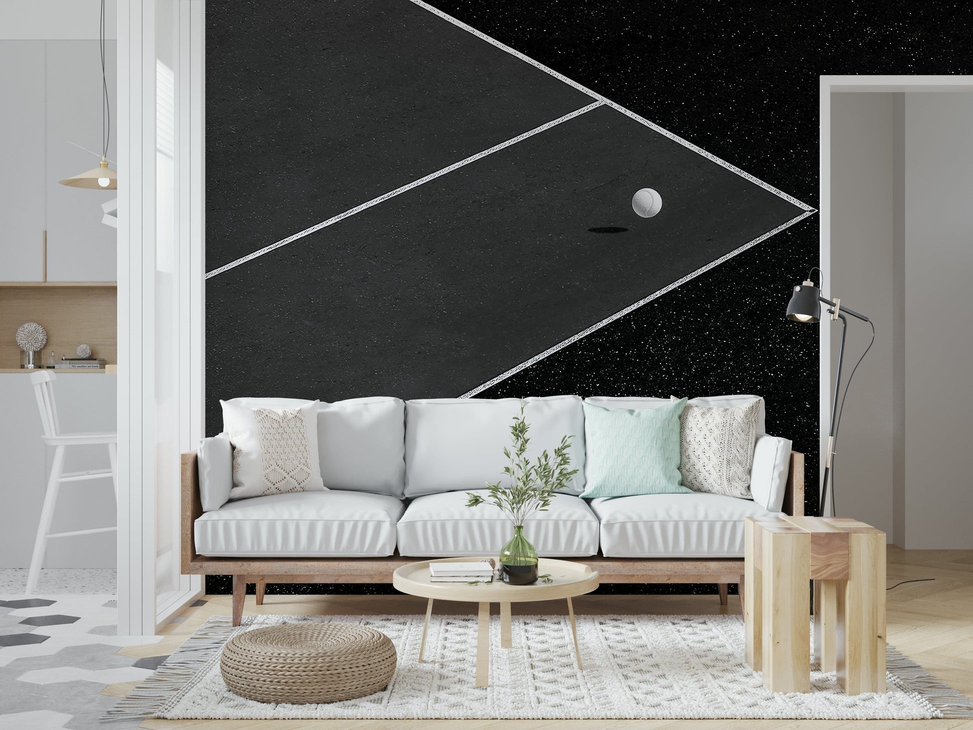 Game On: Minimalist Court Wall Mural installed in a bright, airy fitness studio.