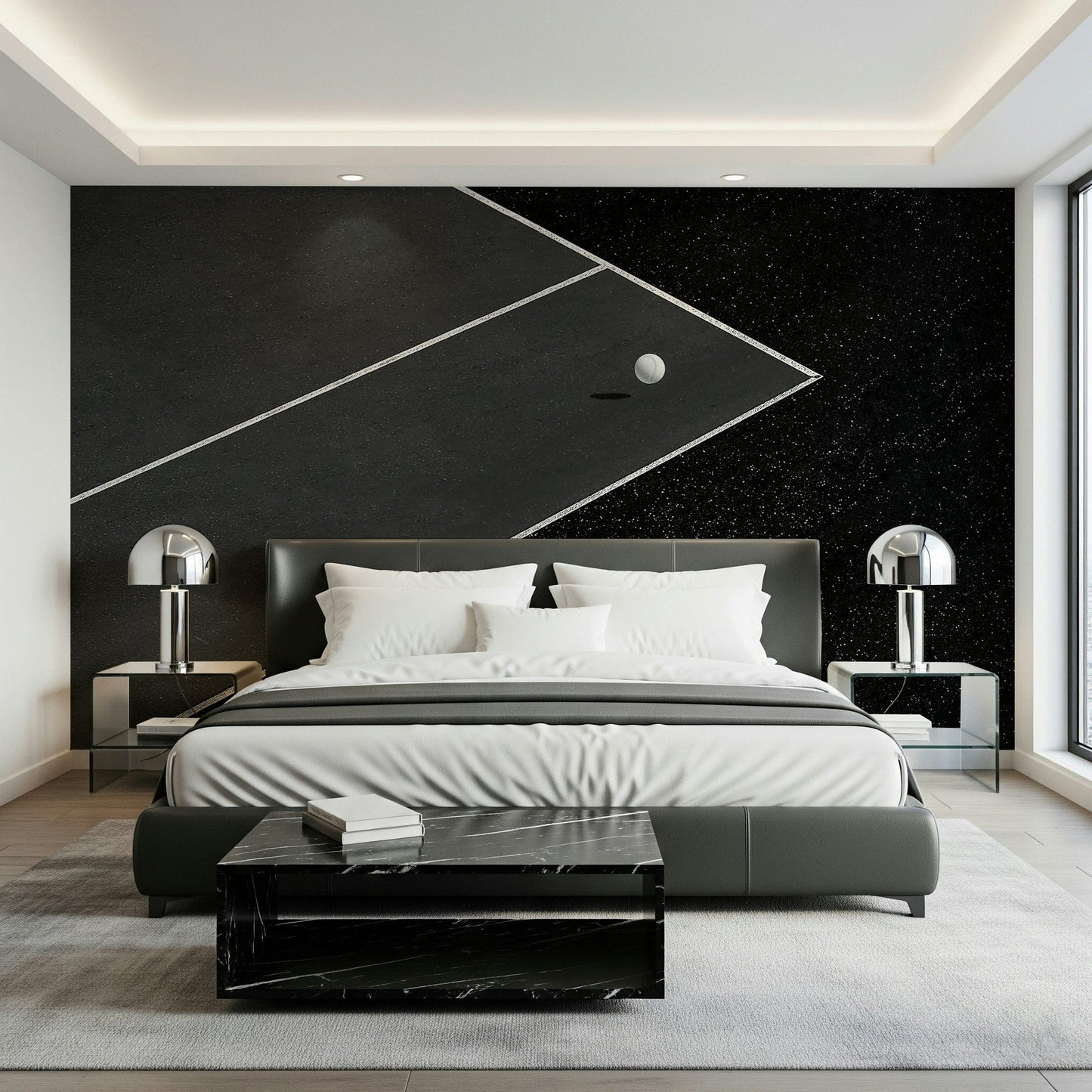 Modern playroom wall decor featuring a clean, geometric basketball court.