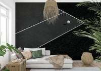 Minimalist court wall mural used as a backdrop for a modern home office.