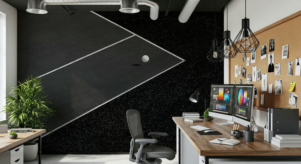 Sleek basketball court lines in a minimalist apartment living room.
