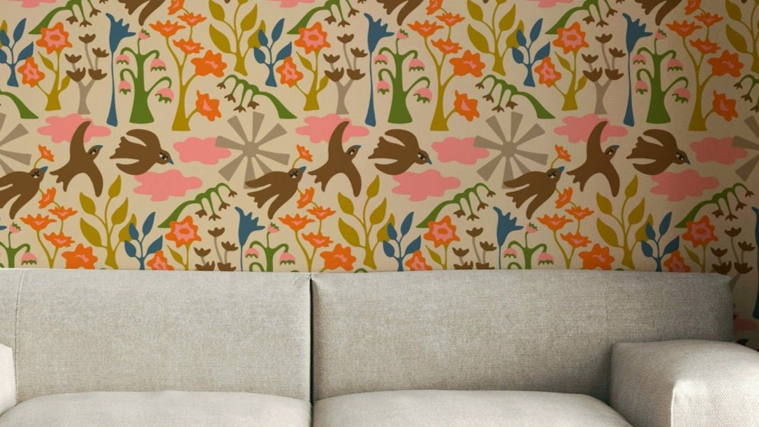 Earthy wallpaper with flying birds and bright florals

