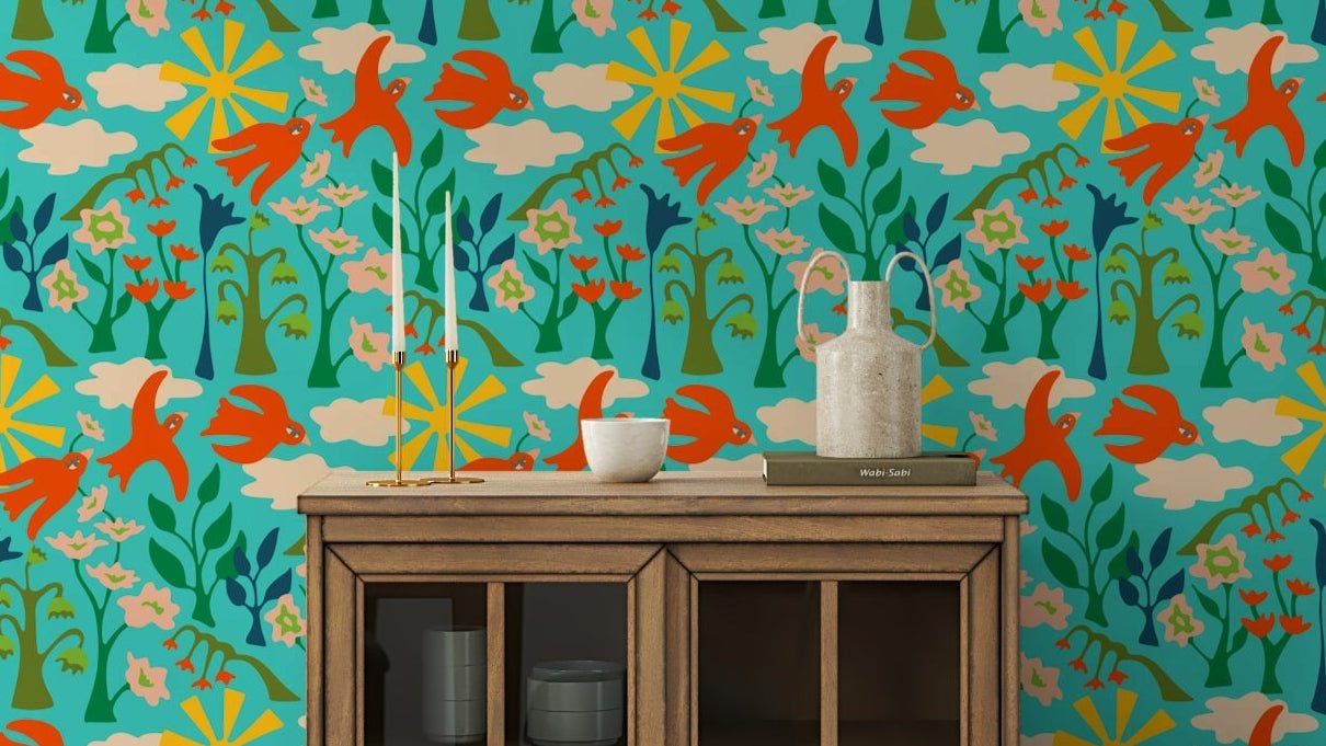 Garden bird wallpaper with vivid floral illustrations

