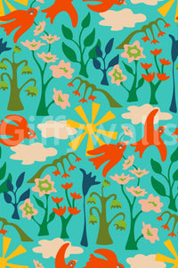 Playful floral bird design with energetic colors

