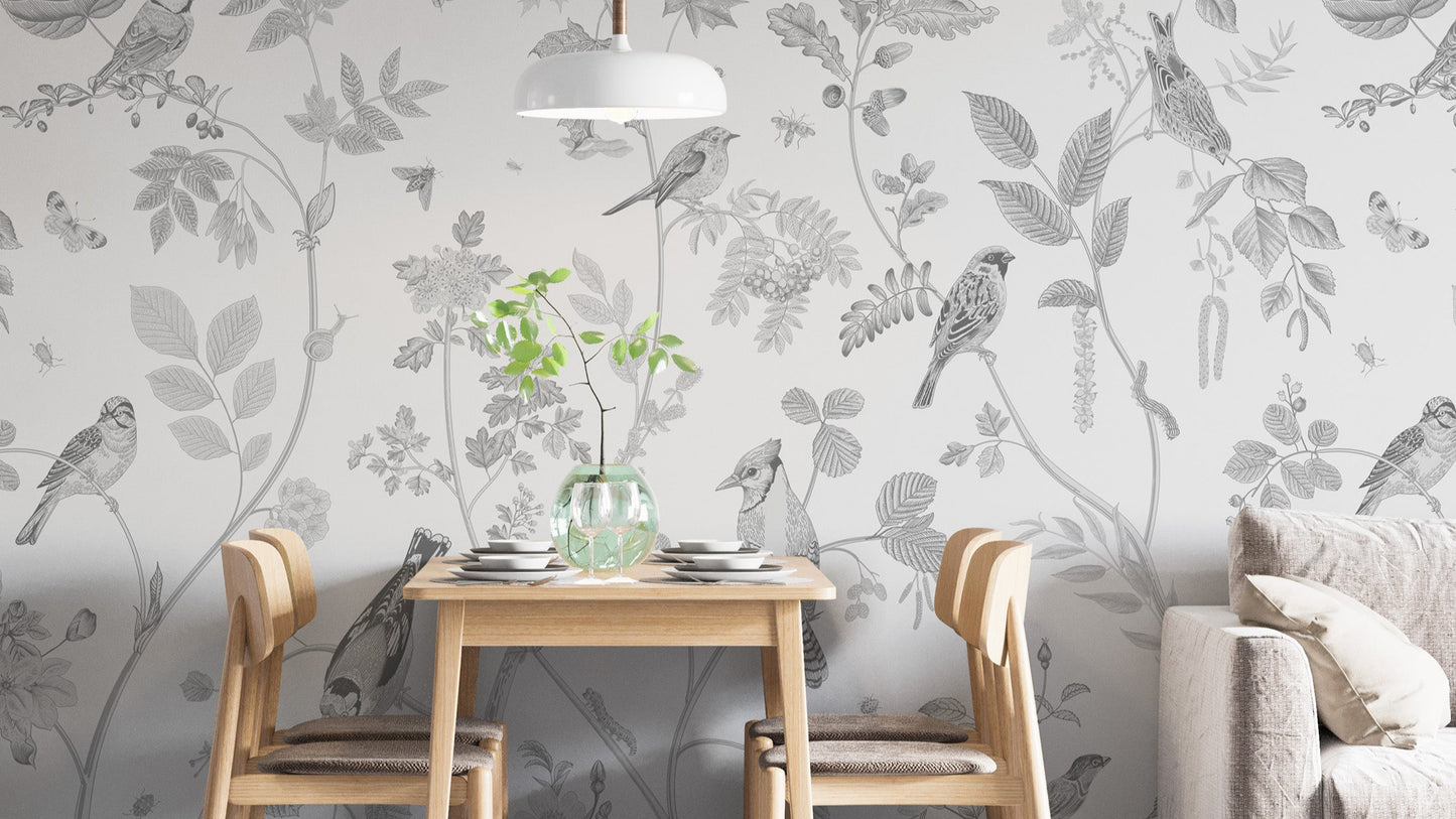 Elegant garden birds mural with gray tones
