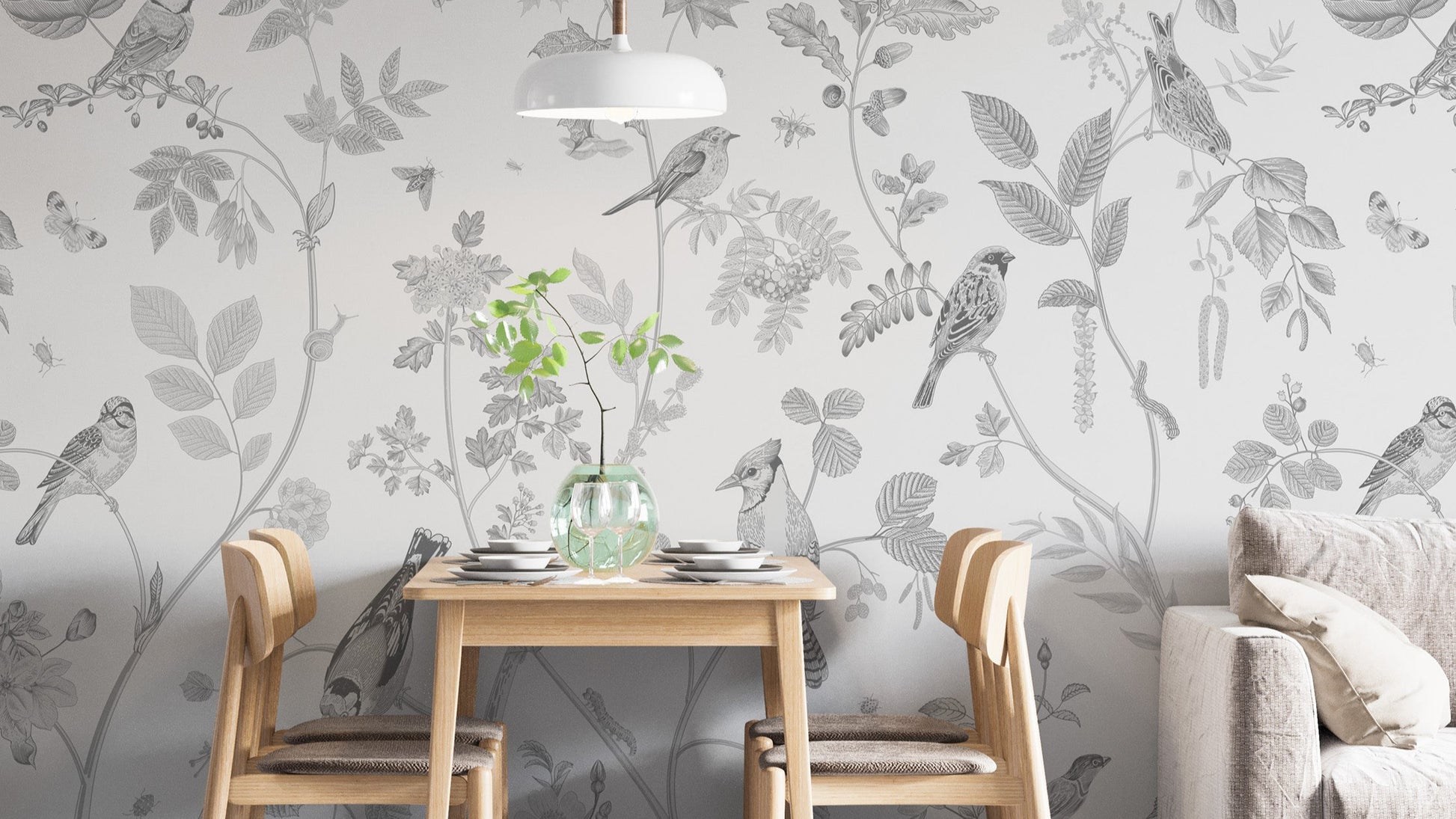Elegant garden birds mural with gray tones