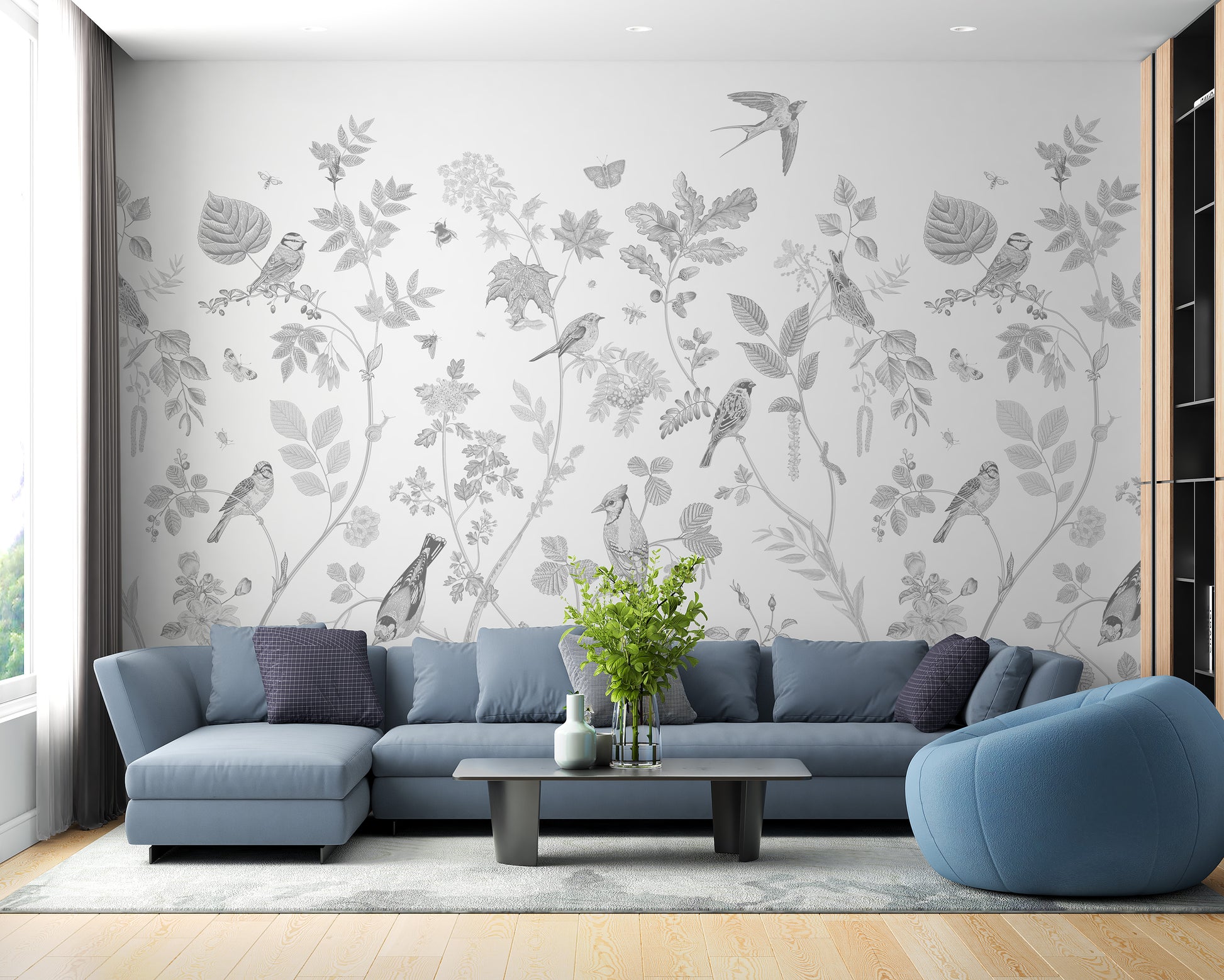 Subtle bird wallpaper with classic sketches