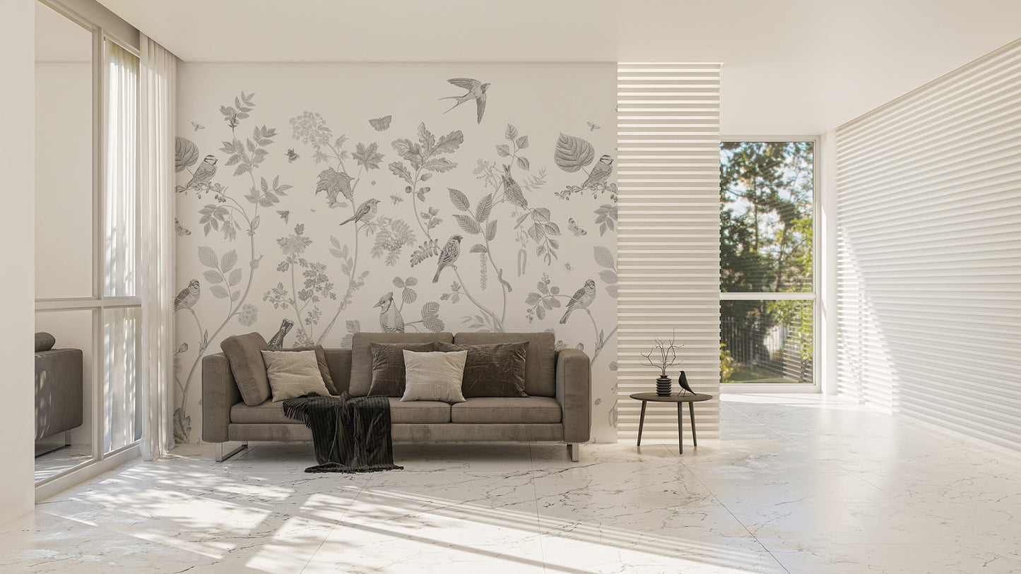 Delicate bird wallpaper with natural motifs