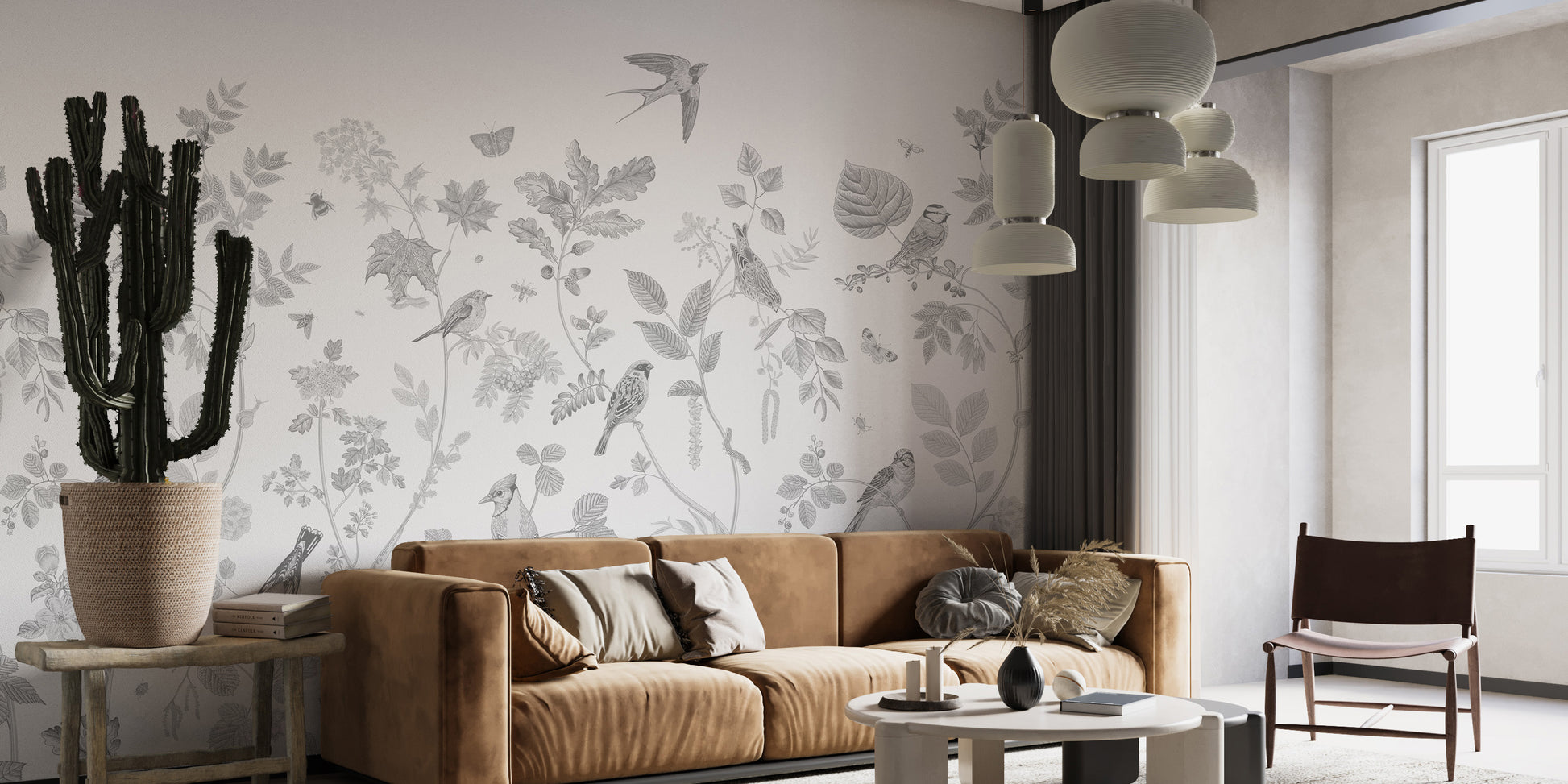 Gray wallpaper with detailed bird sketches