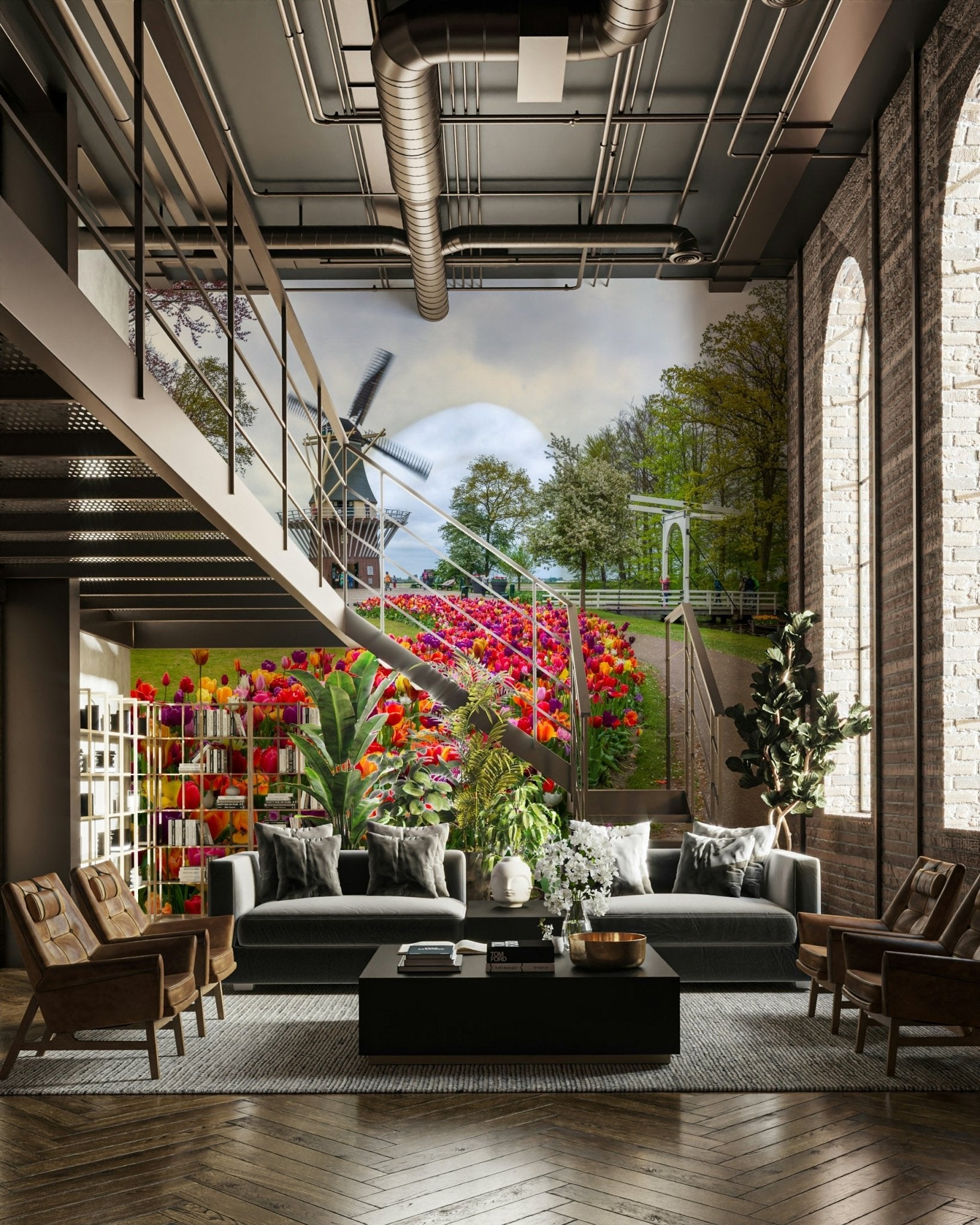 Dutch garden scene mural with walking trail and bridge

