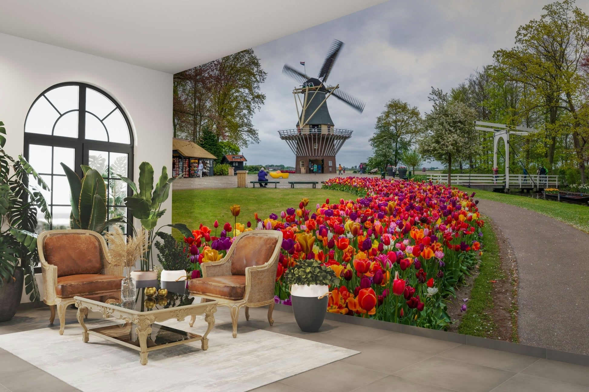 Scenic spring garden wallpaper with blooming flowers

