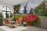 Scenic spring garden wallpaper with blooming flowers

