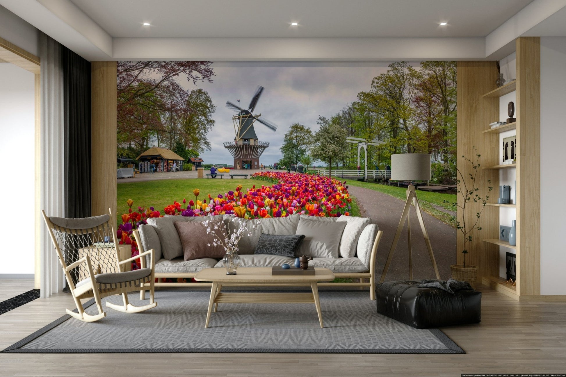 Windmill mural with bright tulips and lush greenery

