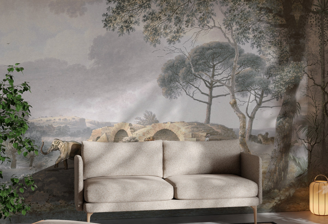 Birds and camels in a lush garden wallpaper mural for interiors.
