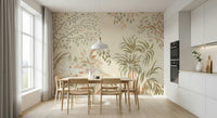Serene jungle elements Garden Whispers wallcovering tranquil pastel color palette.