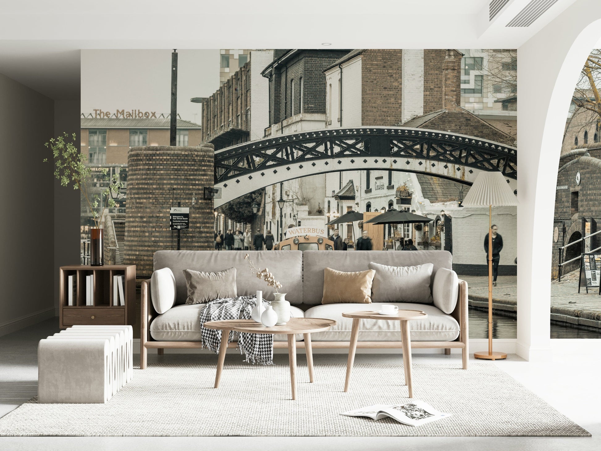 Reflections on calm canal water Gas Street Basin wallpaper mural.