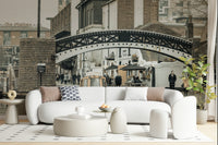 Narrowboat passing under black iron bridge Gas Street Basin wall mural.