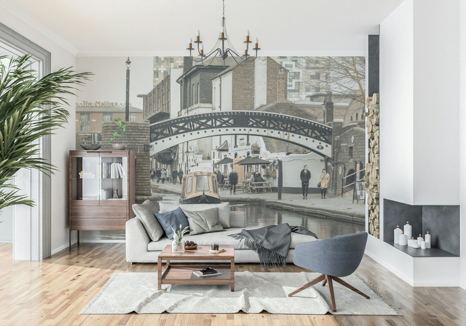 Quaint English canal side seating featured on wallpaper for walls.
