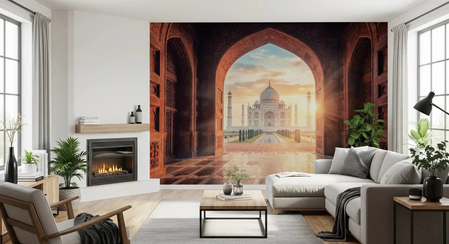 Porte d'entrée vers la grandeur : Fresque murale du Taj Mahal à l'heure dorée