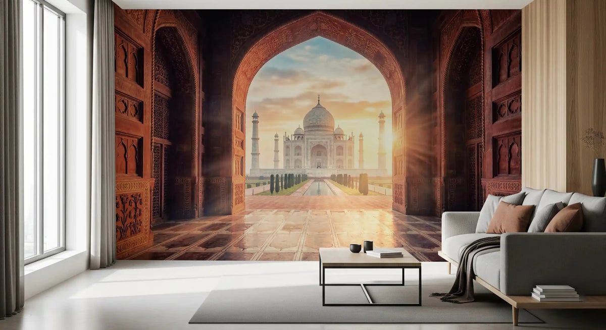 Living room Gateway to Grandeur Taj Mahal golden hour wall mural