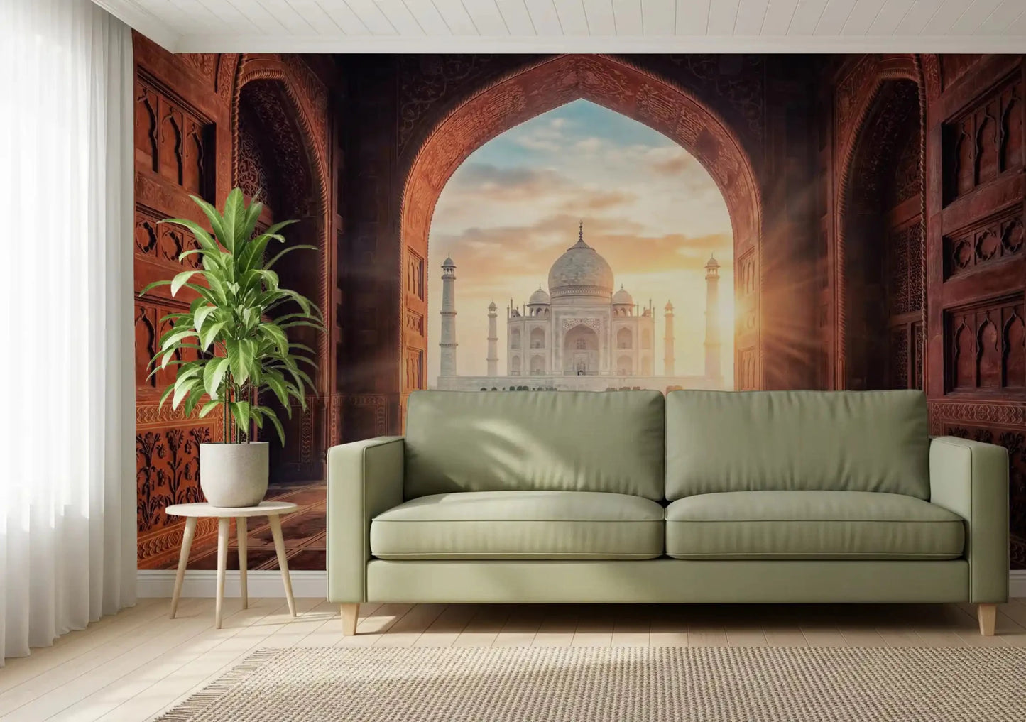 Porte d'entrée vers la grandeur : Fresque murale du Taj Mahal à l'heure dorée