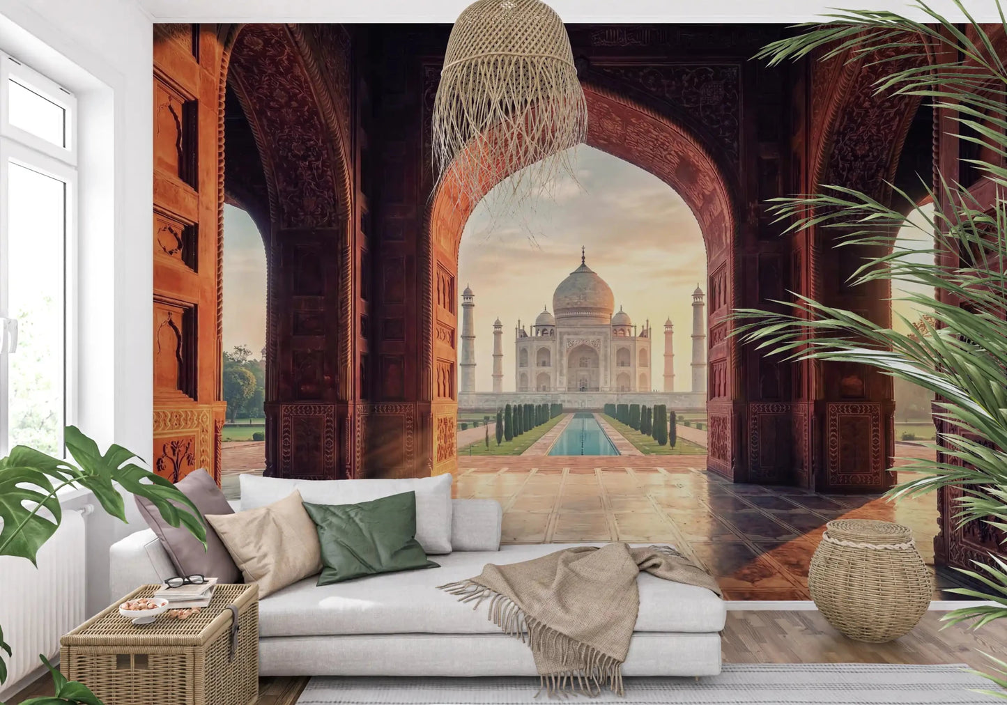 Taj Mahal garden axis wall mural with historic palace gateway