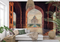 Taj Mahal garden axis wall mural with historic palace gateway
