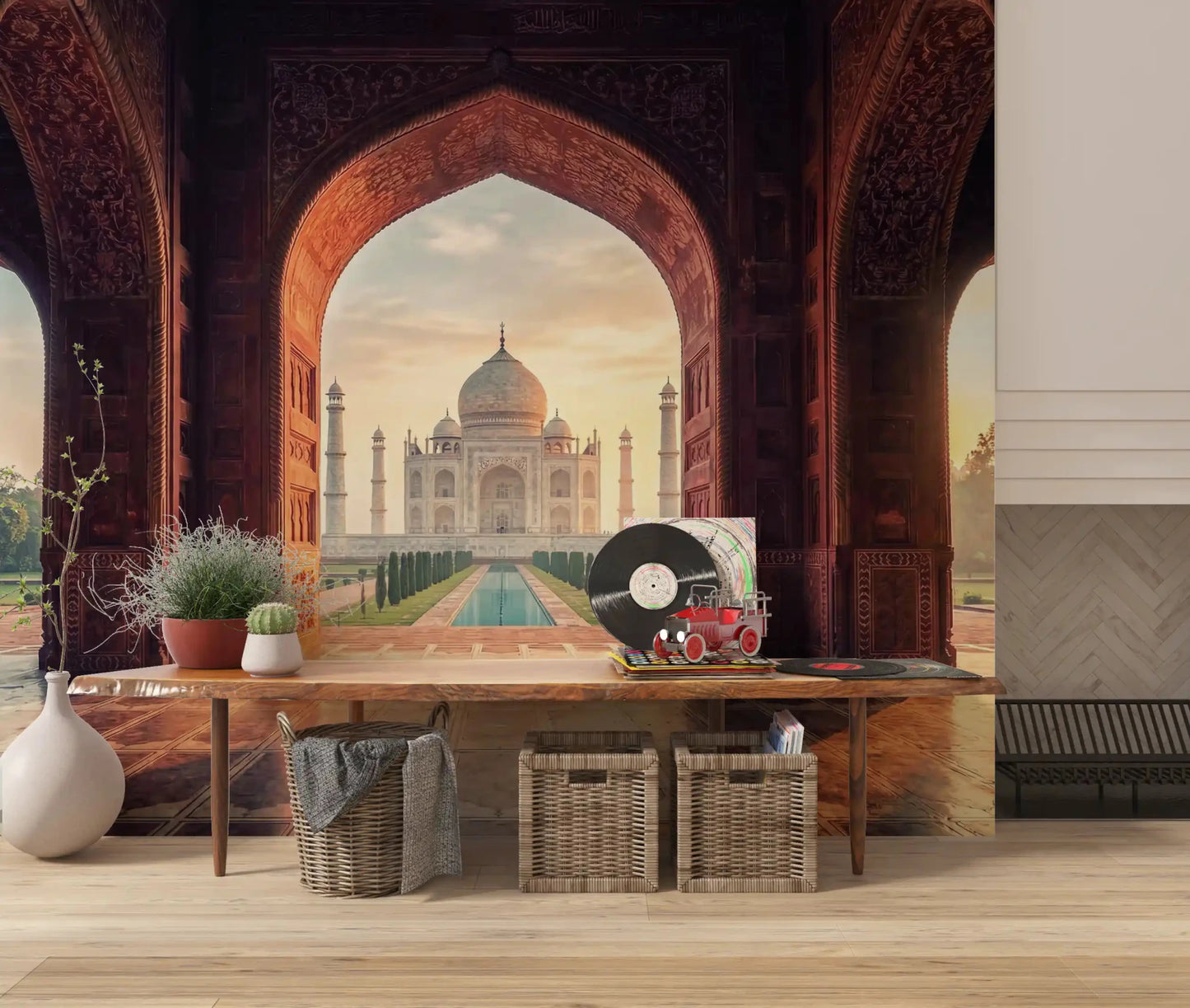 Scenic Taj Mahal wall mural with Mughal arch corridor view