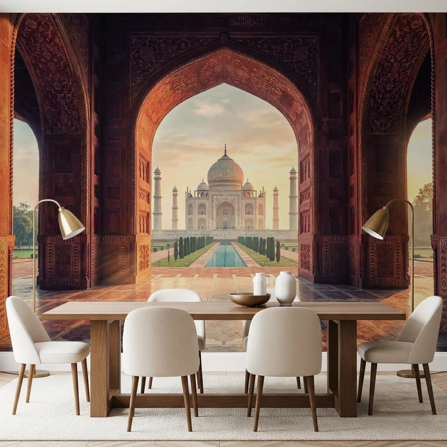 Mughal arch wall mural with Taj Mahal garden view in dining area.