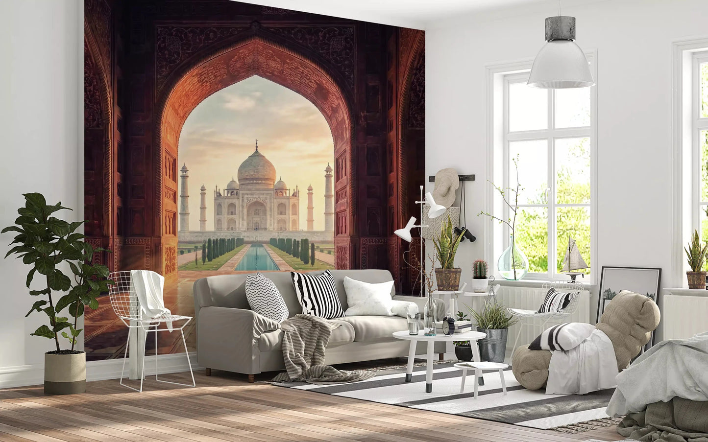 Gateway to Grandeur Taj Mahal wall mural in living room setting