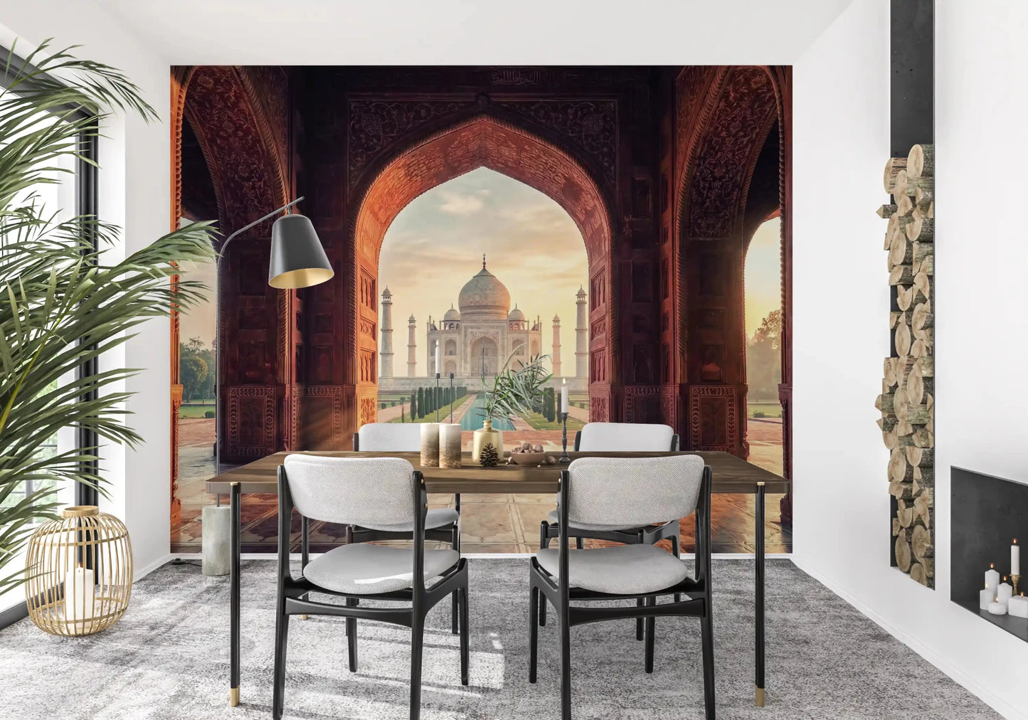 Taj Mahal wall mural with ornate Mughal gateway and garden axis