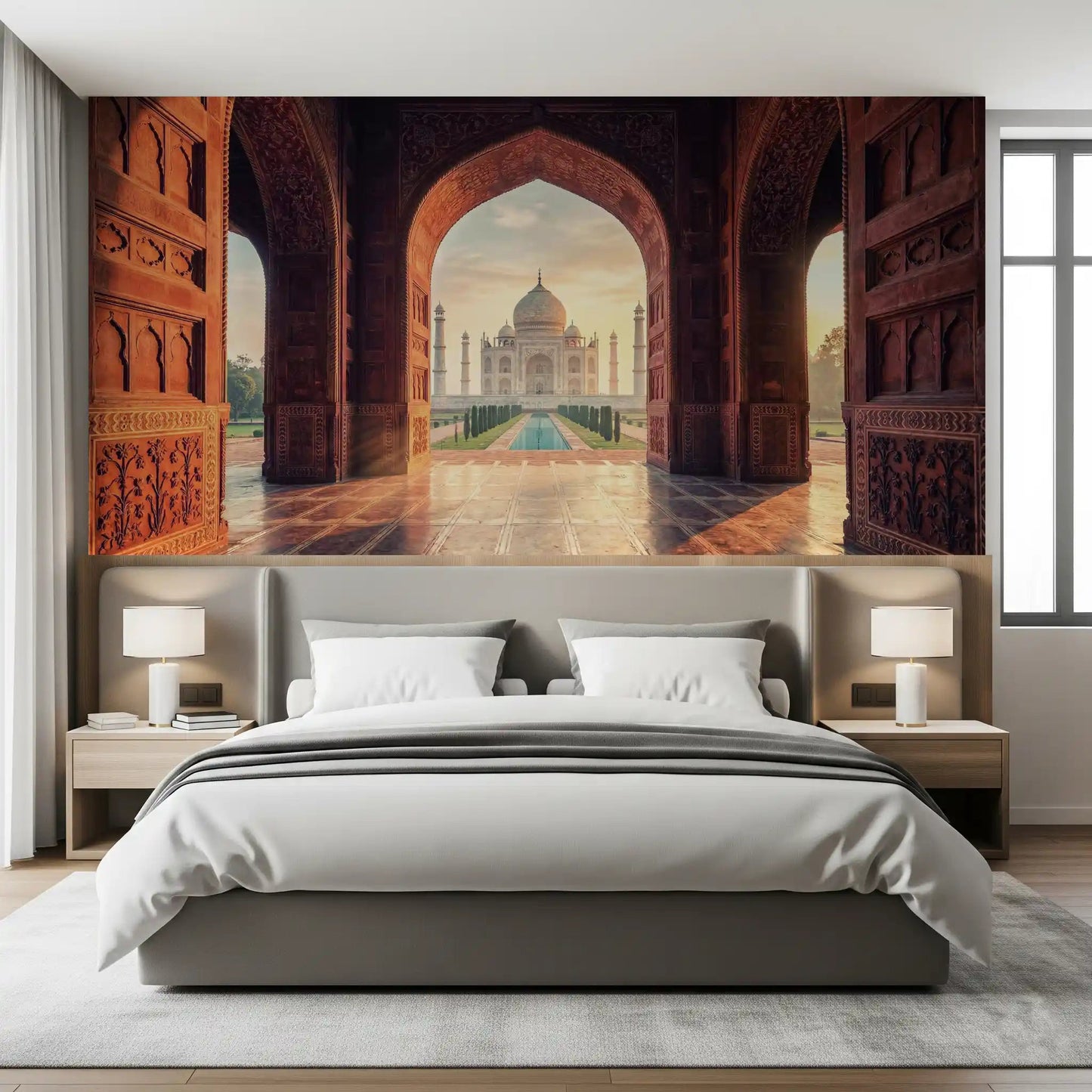 Heritage Taj Mahal wall mural framed by carved palace arches