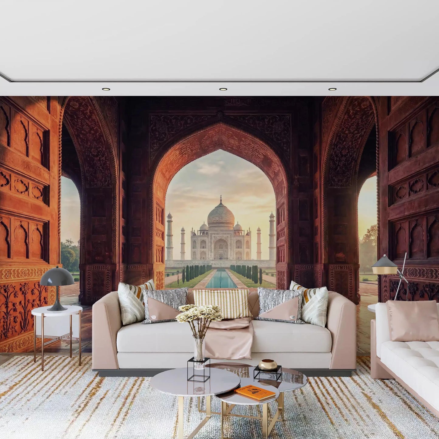Gateway to Grandeur wall mural with Taj Mahal arch view in living room