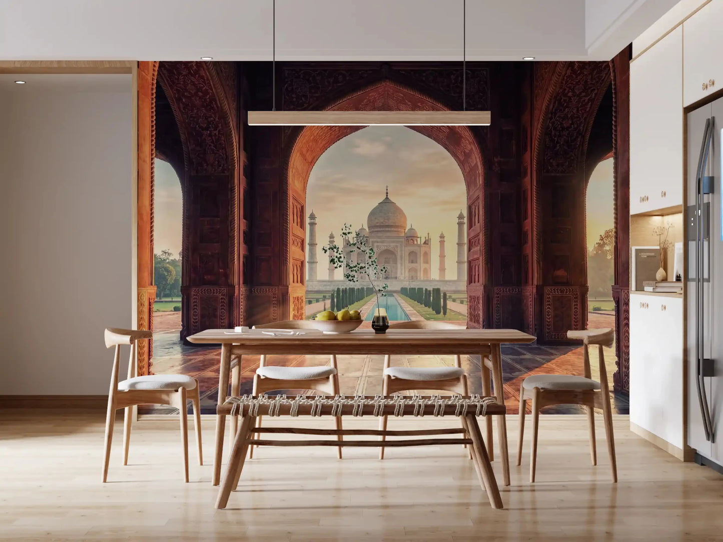 Taj Mahal landmark wall mural with grand sandstone arch frame