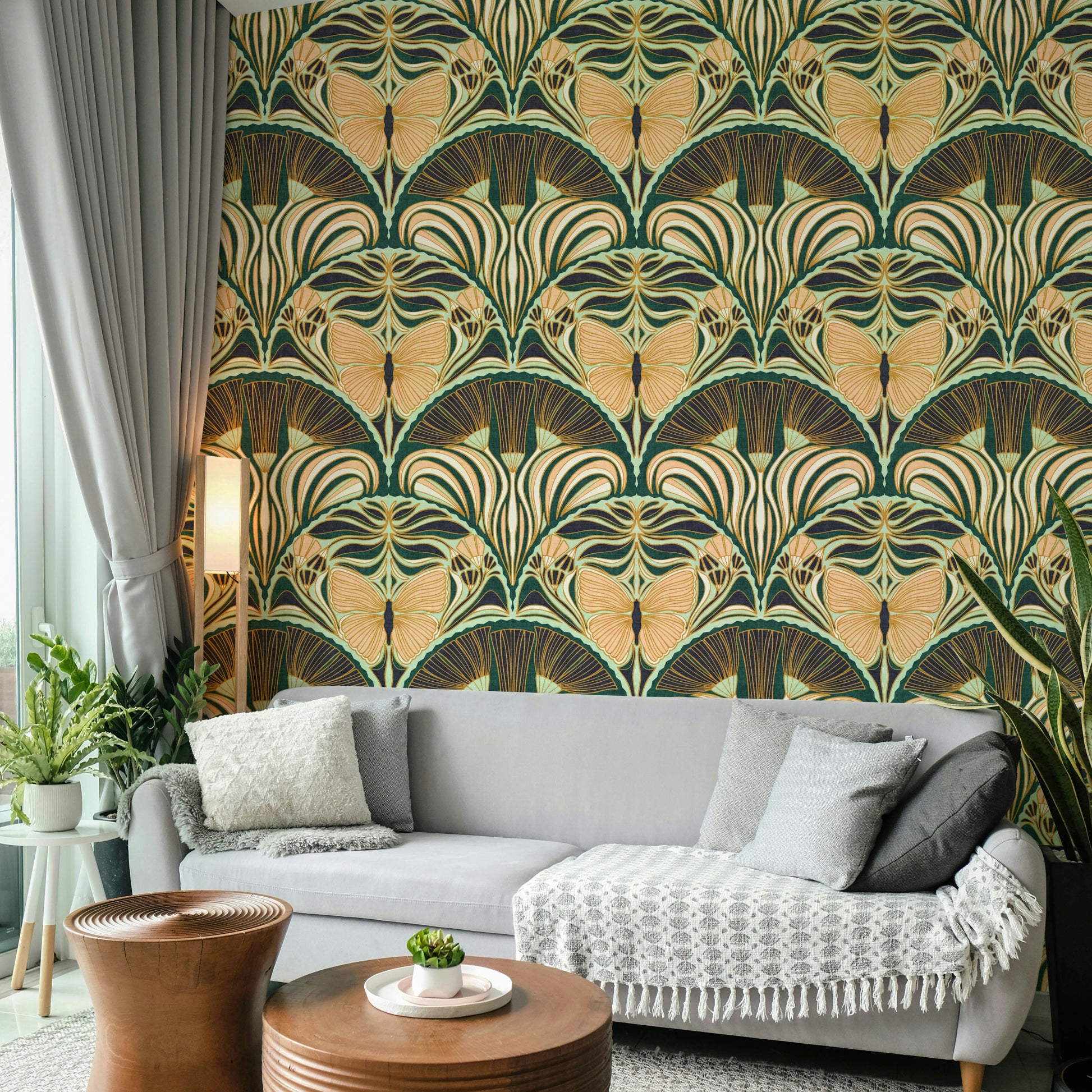 Sophisticated butterfly motif on vintage-style wallpaper

