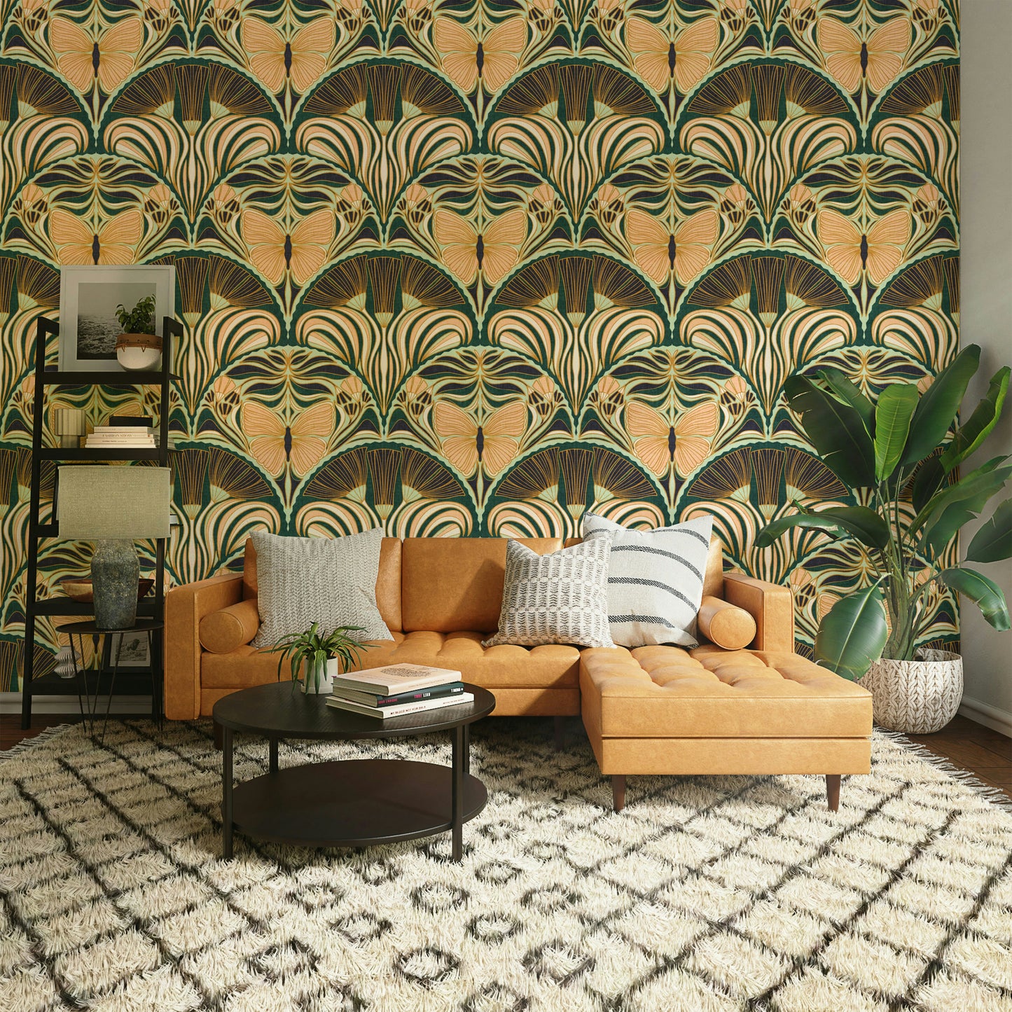 Feature wallpaper blending Art Deco fans and butterflies

